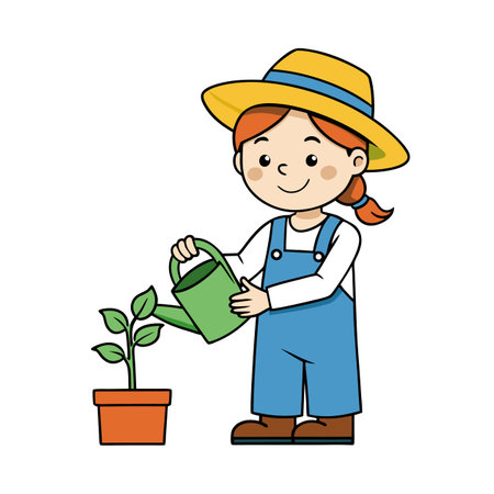 Illustration of girl watering plant in pot with watering canのイラスト素材