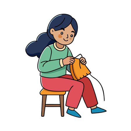 Cartoon woman sitting on chair knitting a yellow fabricのイラスト素材