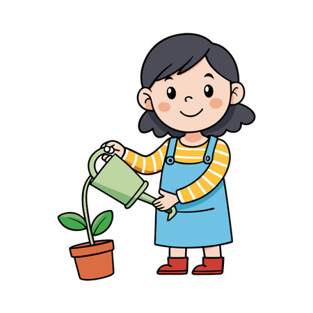 Cartoon girl watering plant in pot with watering canのイラスト素材