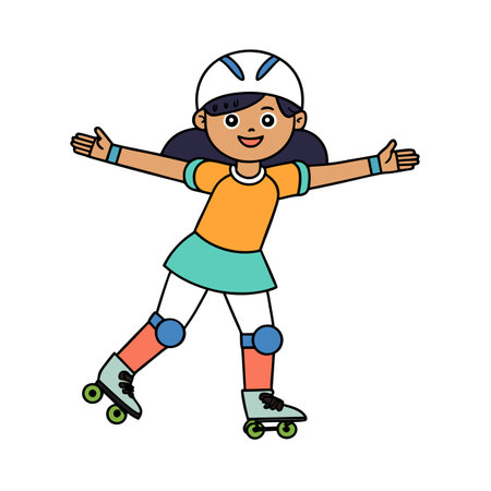 Young girl roller skating with protective gear on the streetのイラスト素材