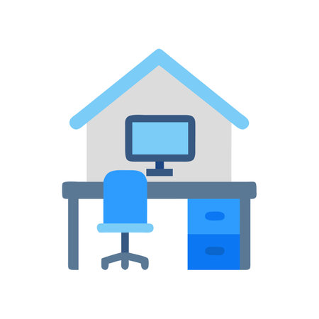 Home office setup, computer and desk inside house shapeのイラスト素材