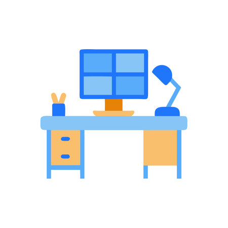 Flat design workspace illustration with computer lamp and deskのイラスト素材