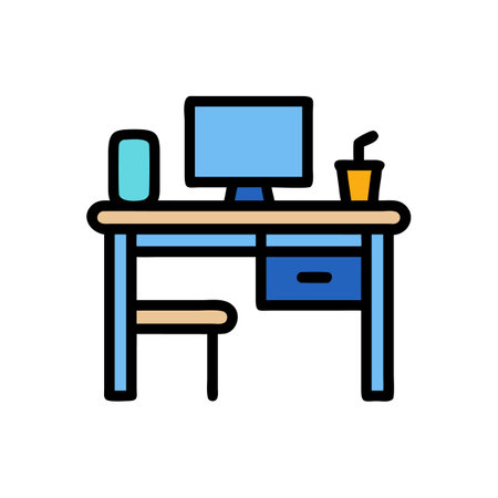 Minimalist desk setup with computer on a black backgroundのイラスト素材