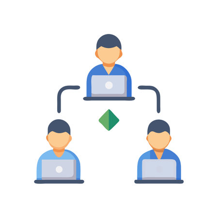Teamwork hierarchy with computers flat design graphic illustrationのイラスト素材