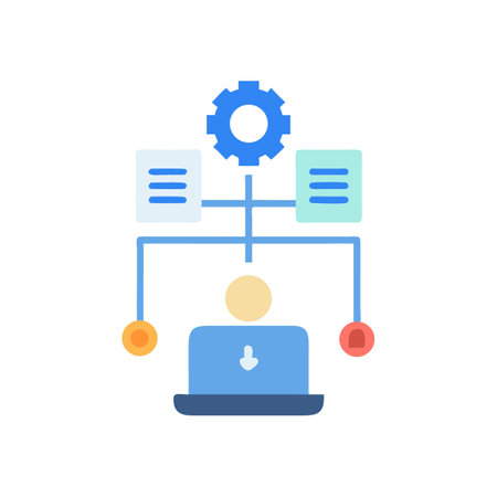 Data processing workflow diagram with a connecting network illustrationのイラスト素材