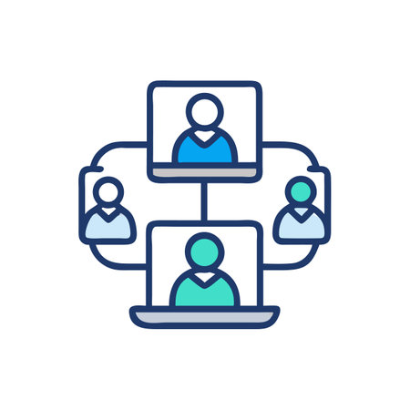 Connected team network via virtual meetings on different screensのイラスト素材