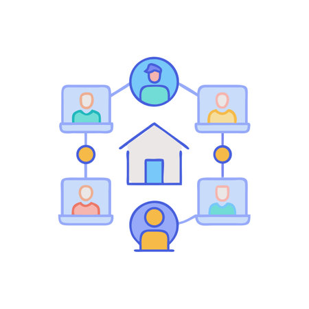 Connected community flat icon showing home and people iconsのイラスト素材