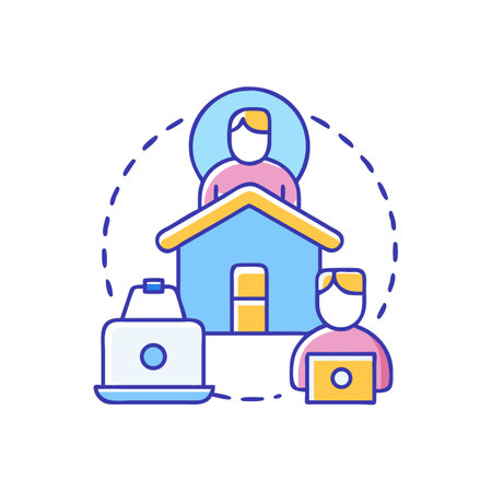 Remote work illustration with house, people, and laptop graphicsのイラスト素材