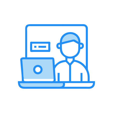 Blue line drawing of person with laptop and screenのイラスト素材