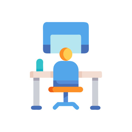 Workspace with computer, desk, chair and person icon styleのイラスト素材