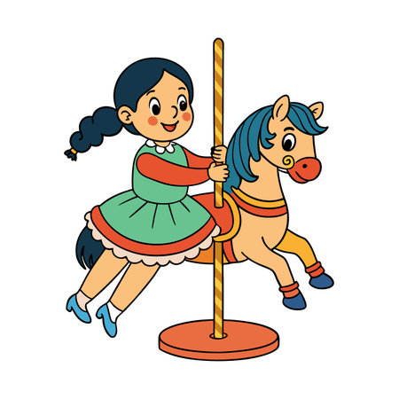 Cartoon girl rides horse carousel illustration cheerful fun dayのイラスト素材