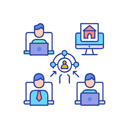 Digital workers collaborating remotely from home office icon designのイラスト素材