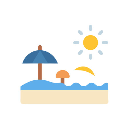 Sunny beach scene with parasol and calm ocean wavesのイラスト素材