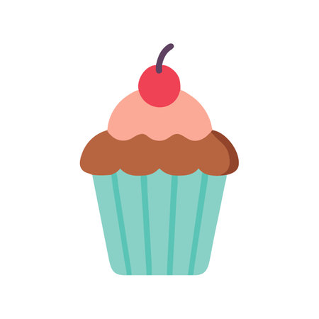 Cute flat style cupcake with cherry isolated on black