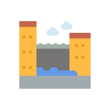 City building structure illustration with grey water dam backdropのイラスト素材