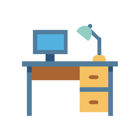 Minimalist work desk with computer and lamp illustration graphicのイラスト素材