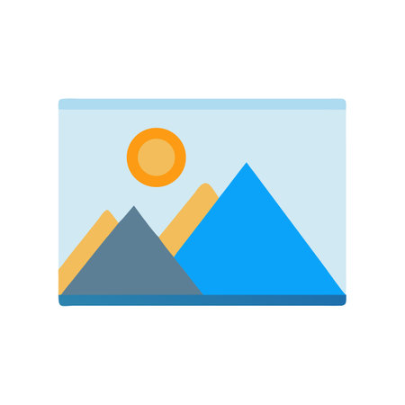 Flat design mountain landscape illustration, sun shining brightly