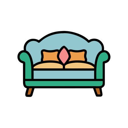 Stylized turquoise sofa illustration with pillows against black backdropのイラスト素材
