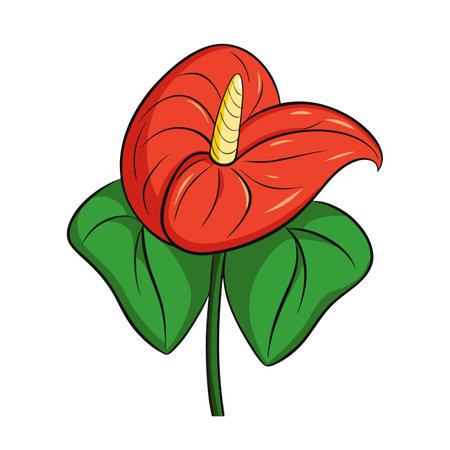 Cartoon style Anthurium flower with stem and green leavesのイラスト素材