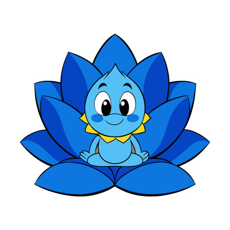 Cartoon water drop character sitting in a blue lotusのイラスト素材