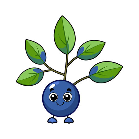 Cute cartoon blueberry character with leaves and small feetのイラスト素材