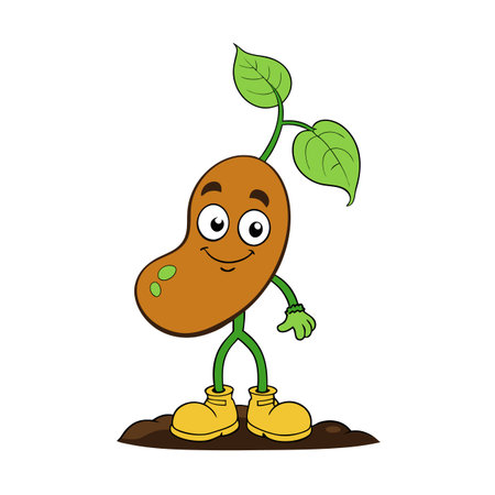 Cartoon sprout character emerging from soil, wearing bright yellow bootsのイラスト素材
