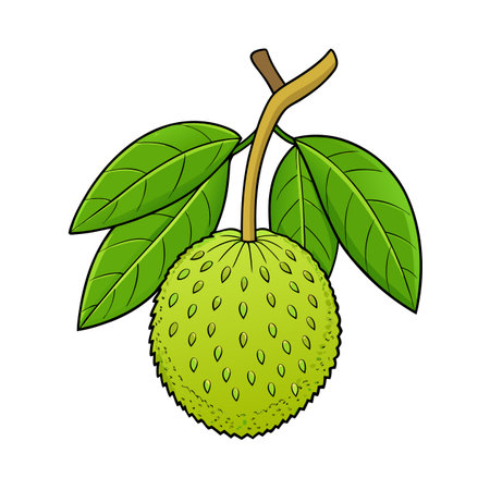 Cartoon soursop fruit on branch with leaves illustration