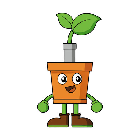 Cartoon plant pot character with face and sprout leavesのイラスト素材