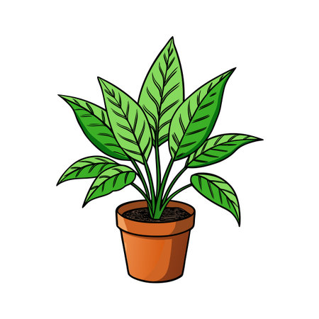 Green potted plant illustration with vibrant foliage and dark outlinesのイラスト素材
