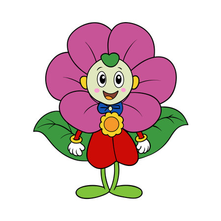 Cartoon flower character wearing blue bow tie, on whiteのイラスト素材