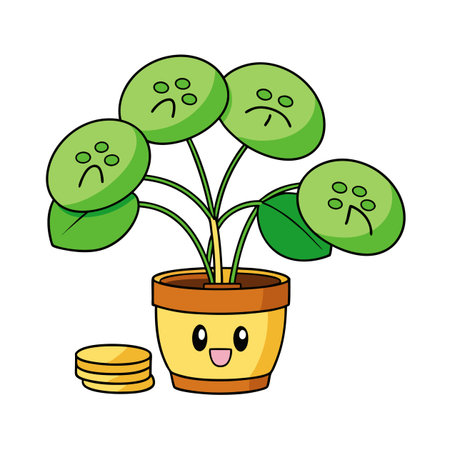Sad Pilea plant with money illustration on a white backdropのイラスト素材