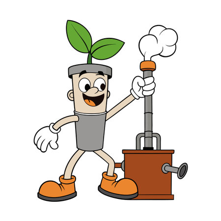 Pot plant cartoon character with industrial smoking machineのイラスト素材