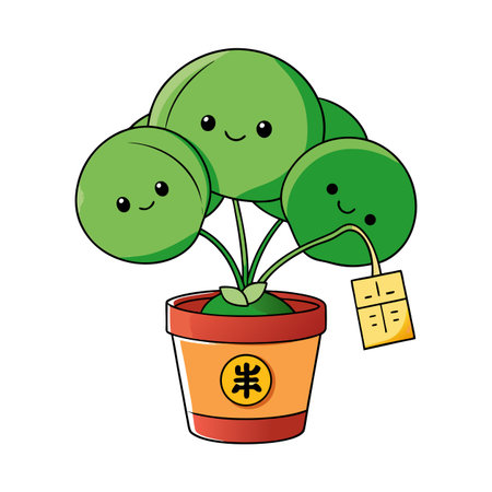 Cute cartoon Pilea peperomioides plant with funny faces in potのイラスト素材
