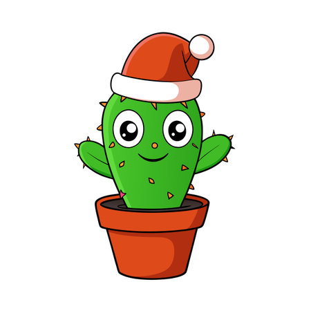 Festive cartoon cactus wearing Santa hat in flowerpotのイラスト素材