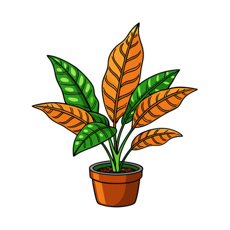 Potted plant illustration with orange and green stylized leavesのイラスト素材
