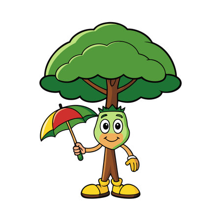 Cartoon tree character holding umbrella during springtime illustrationのイラスト素材