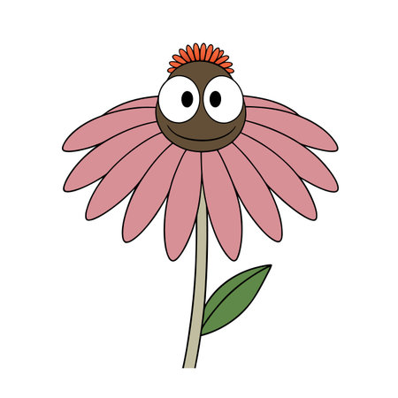Cartoon Echinacea flower character with happy face and stemのイラスト素材