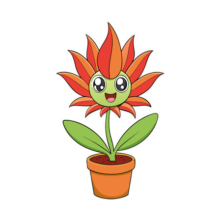 Cartoon flower character in a pot with big eyesのイラスト素材