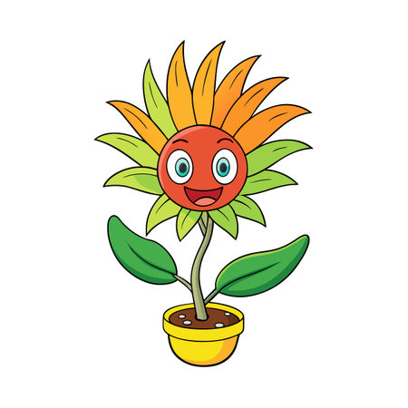 Cartoon sunflower with face in yellow flower potのイラスト素材