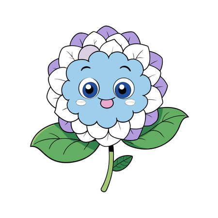 Cartoon Hydrangea Flower Character with Cute Facial Expressionのイラスト素材