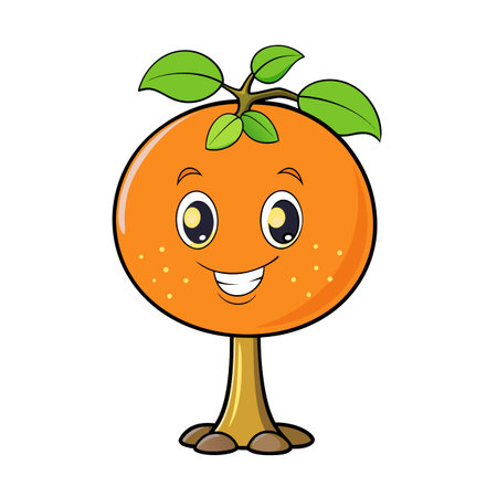 Smiling Orange Fruit Character with Leaves Cartoon Styleのイラスト素材