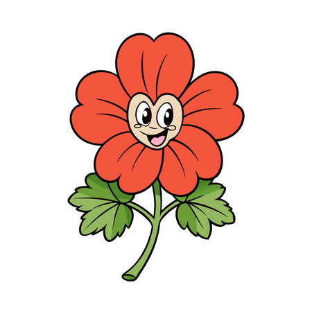 Cartoon flower character with smiling face and green leavesのイラスト素材