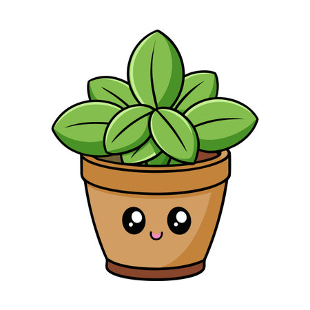 Cute Potted Plant Illustration with Kawaii Style Facial Featuresのイラスト素材
