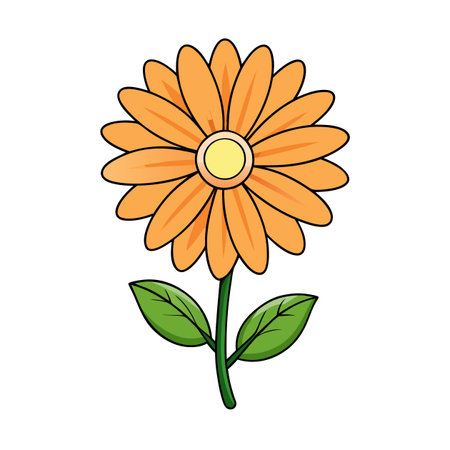 Cartoon Orange Flower with Green Leaves on White Backgroundのイラスト素材