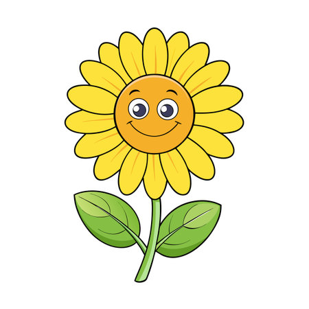 Cheerful cartoon sunflower with smiling face on white backgroundのイラスト素材
