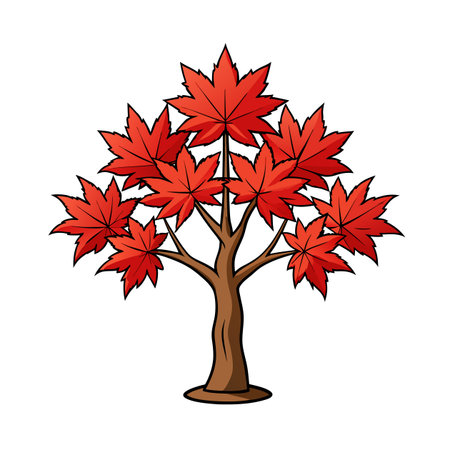 Cartoon style red maple tree with brown trunkのイラスト素材