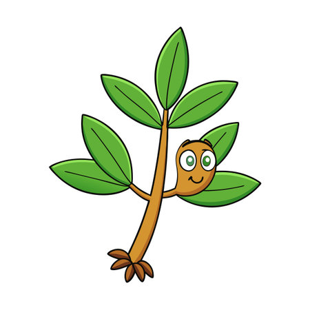 Cheerful Cartoon Plant Sprout with Green Leaves and Smileのイラスト素材