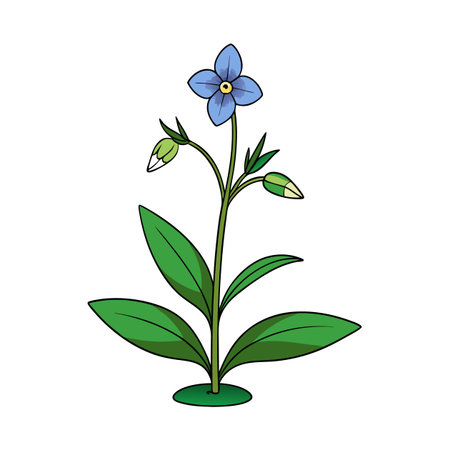 Cartoon forget-me-not flower with blue petals and green leavesのイラスト素材
