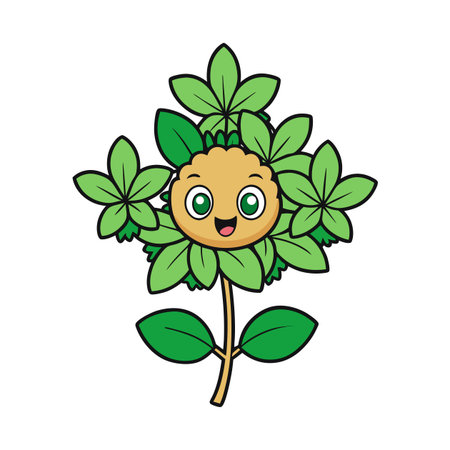 Cute smiling cartoon flower plant with green leavesのイラスト素材