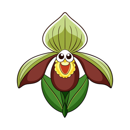 Cartoon Lady Slipper Orchid Flower with Happy Expression Illustrationのイラスト素材